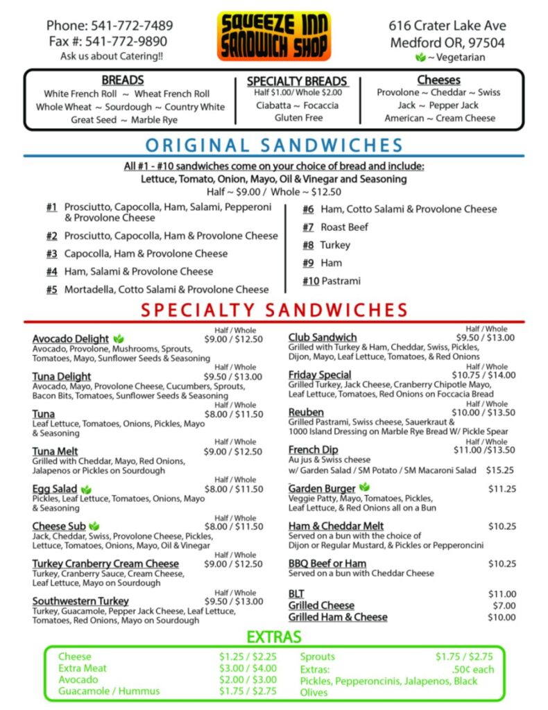 Squeeze Inn Sandwich Shop Menu 2