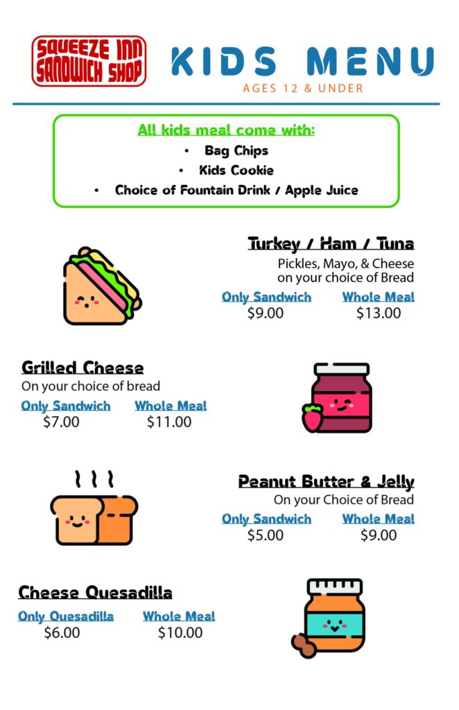 Squeeze Inn Sandwich Shop Menu 3