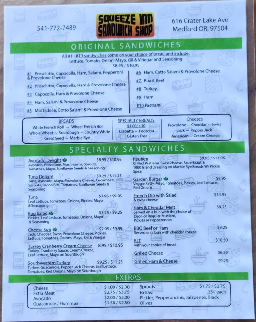 Squeeze Inn Sandwich Shop Menu 4