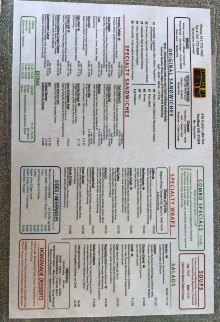 Squeeze Inn Sandwich Shop Menu 7